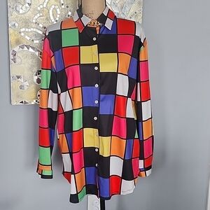 Colorful Color Block Checked Plaid long sleeve Ladies Loose Trendy shirt Medium